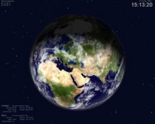 Вид земли с космоса с отображением времени и метеорологических явлений